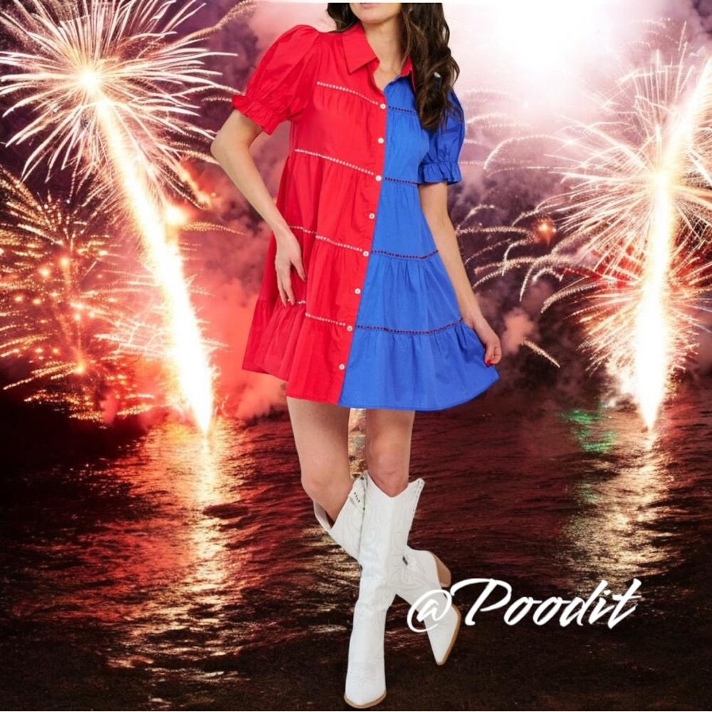 Peach Love California Colorblock Button-Front Mini Dress in Red and Blue